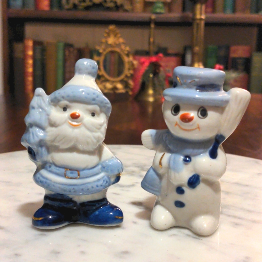 Blue White Snowman & Santa Salt & Pepper Shakes